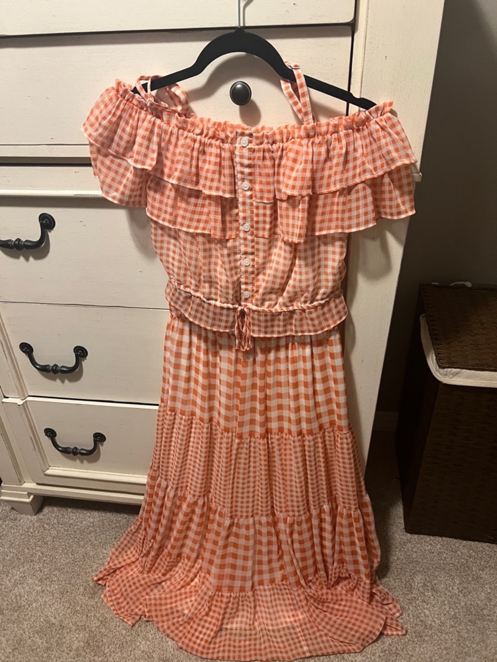 Off-Shoulder Gingham top and maxi skirt set in Peach
